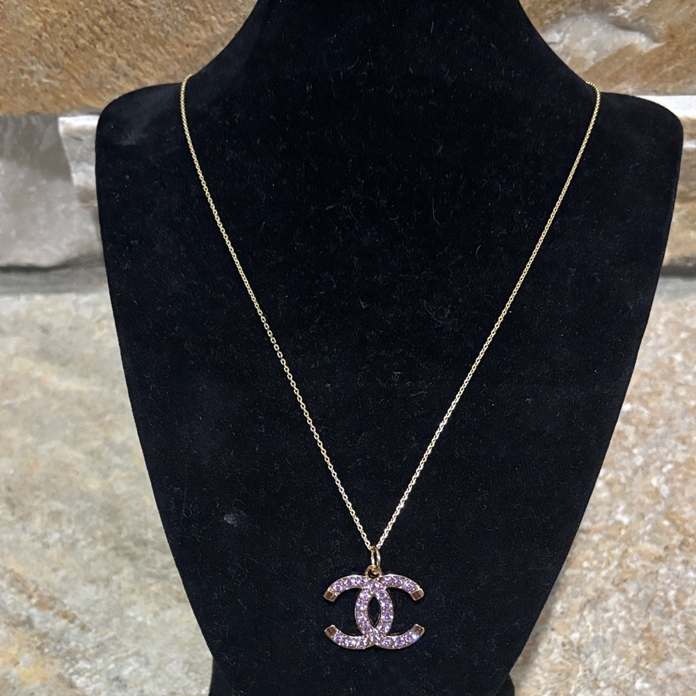 Elegant Gold and Purple Crystal CC Pendant Necklace